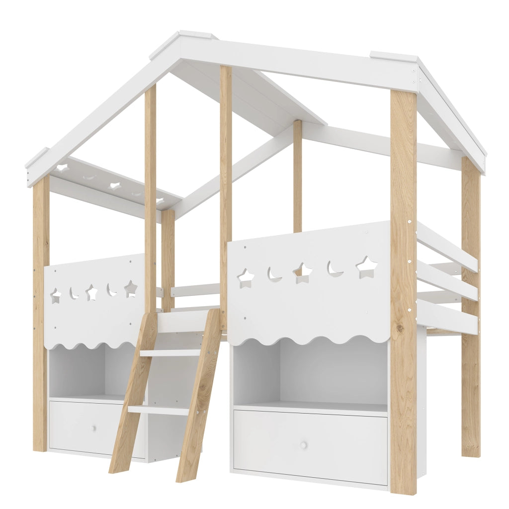 Letto a soppalco singolo 90×200 cm in casa con 2 cassetti; ripiani; LED; sponda; senza materasso