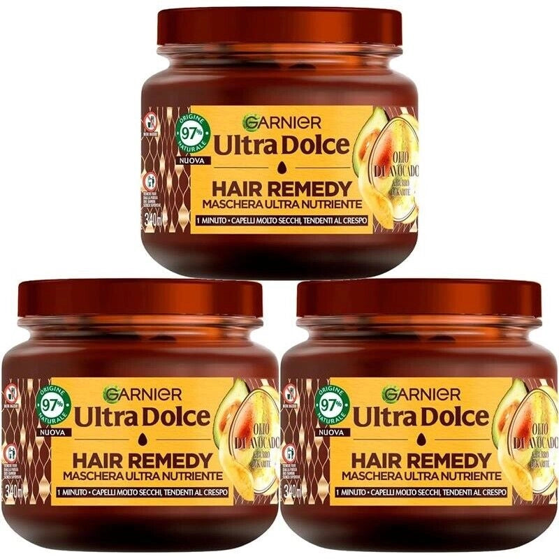 GARNIER ULTRA DOLCE 3 MASCHERE NUTRIENTE PER CAPELLI SECCHI E CRESPI IN 1 MINUTO AVOCADO E BURRO DI KARITÉ 340 ML