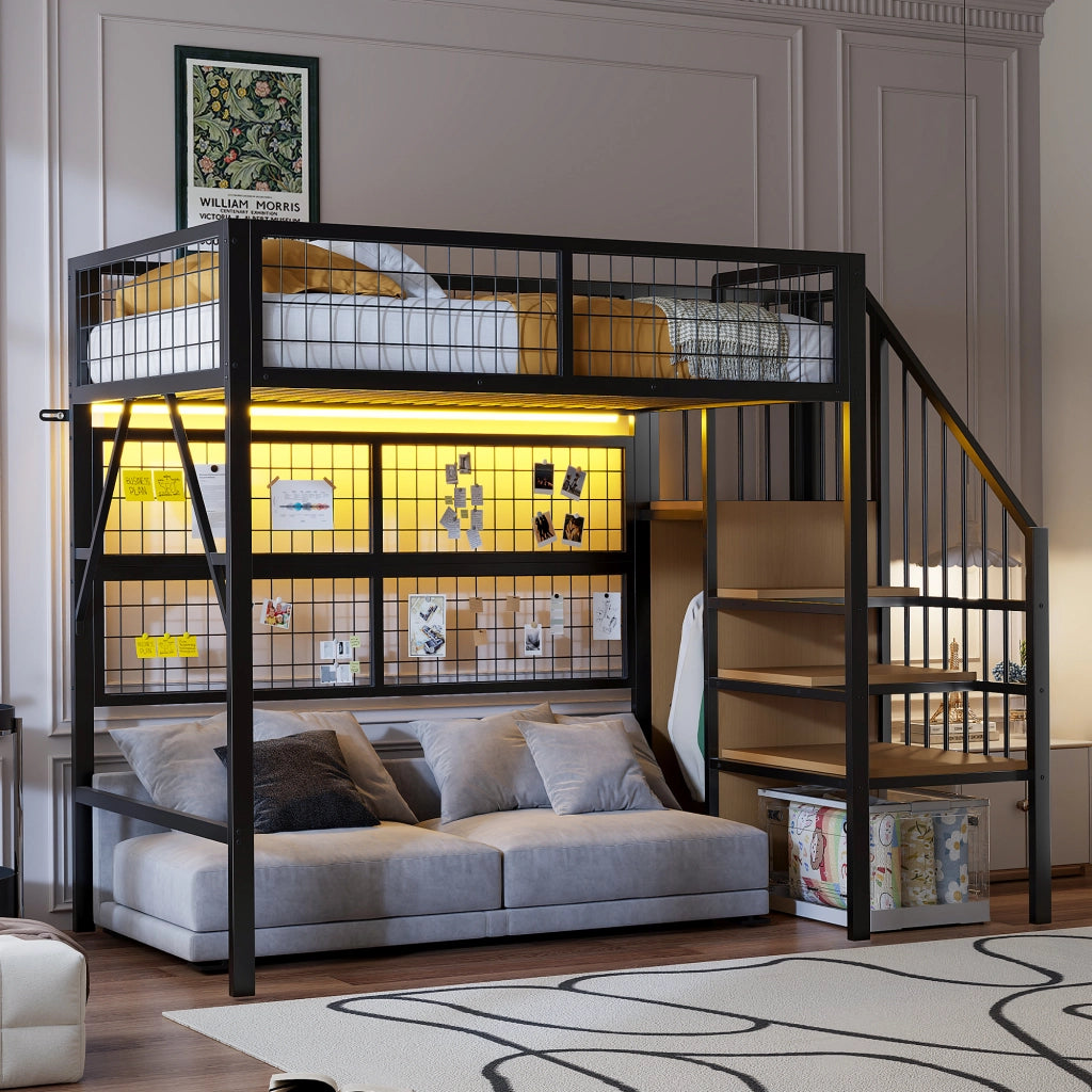 OKWISH Letto a soppalco 90×200 cm, Letto Singolo con LED controllato da app, scala contenitore e guardaroba aperto, senza Materasso, Nero