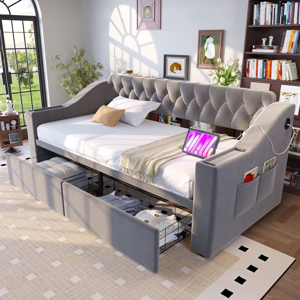 DIVANO LETTO 90x190 cm Grigio chiaro in velluto con cassetti contenitore