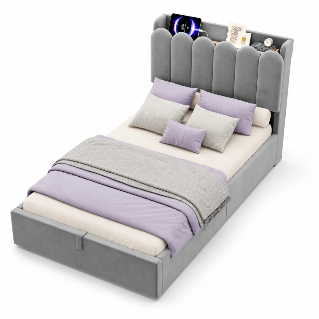 Letto singolo imbottito per bambini 90x200 cm con contenitore, doghe incluse, USB/Type-C e luce, velluto grigio