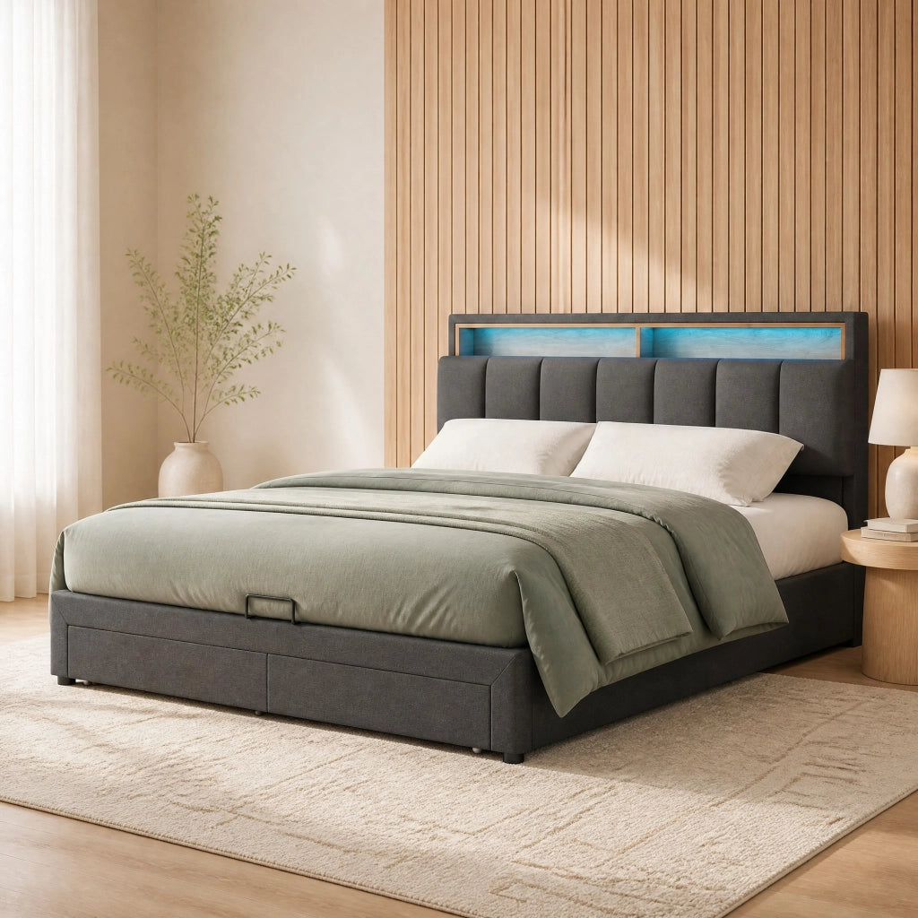 Letto imbottito matrimoniale 180x200 cm con LED; contenitore sotto letto; in lino grigio scuro