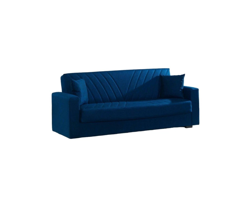 Divano letto Adda, Divano letto contenitore a 3 posti lineare con 2 cuscini inclusi, SofÒ  da soggiorno in tessuto imbottito con apertura click-clack, 214x81xh89 cm, Blu
