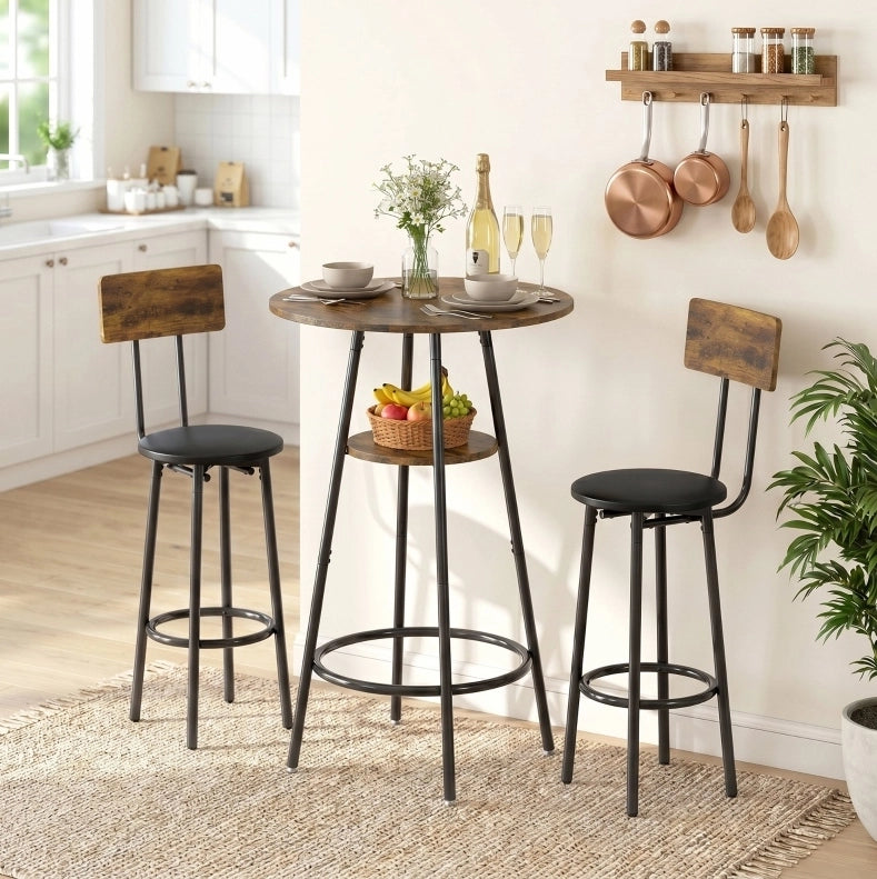 Set tavolo bar industriale con 2 sgabelli imbottiti marrone rustico
