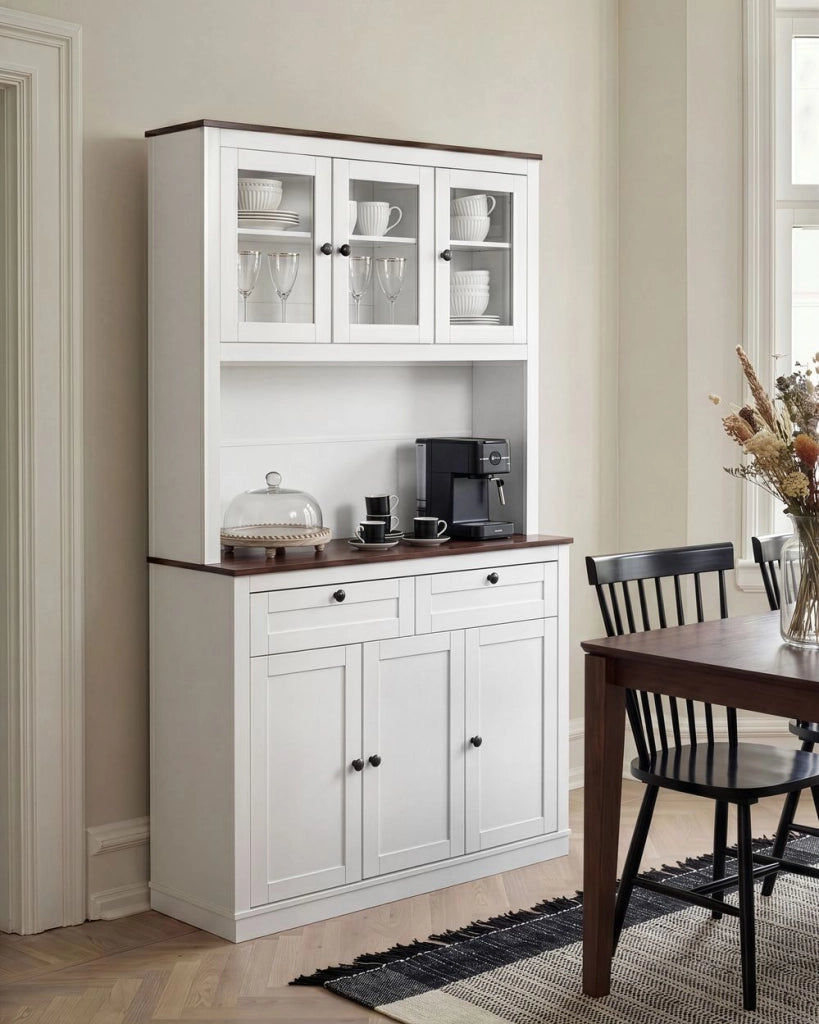 Credenza bianca in MDF con vetrina e alzatina, buffet da cucina, in stile rustico e cottage