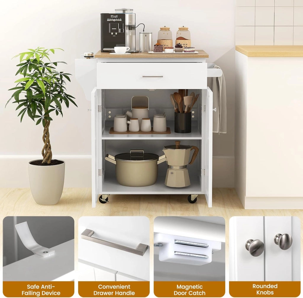 Carrello Portavivande con Cassetto, Portaspezie e Portasciugamani, Carrello Cucina con Ruote, Isola con Ripiano Regolabile per Sala da Pranzo, 83 x 48 x 91 cm, Bianco