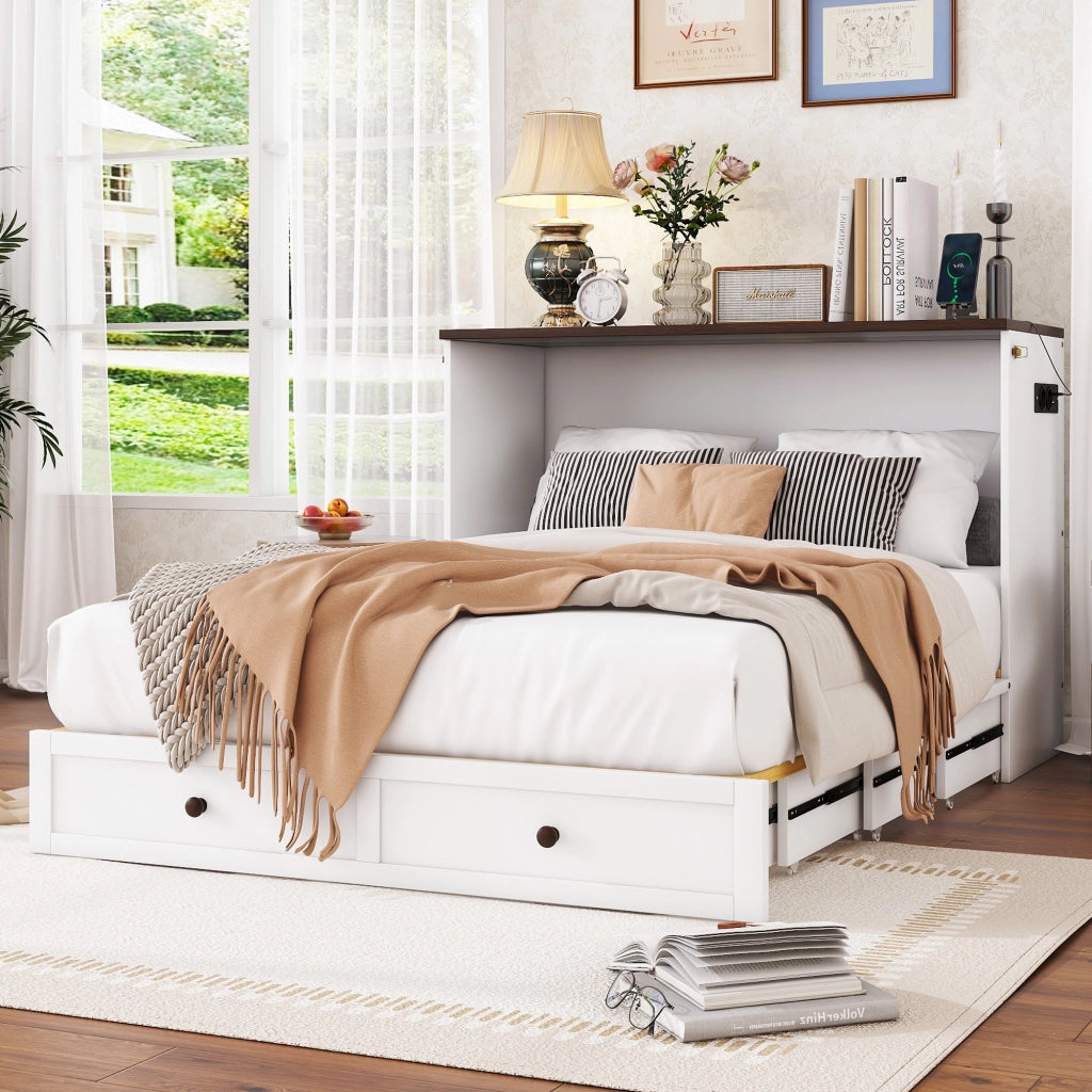 Letto a Scomparsa 140 x 200 cm; con Cassetto; USB e Presa e Mensola - in Legno - Bianco