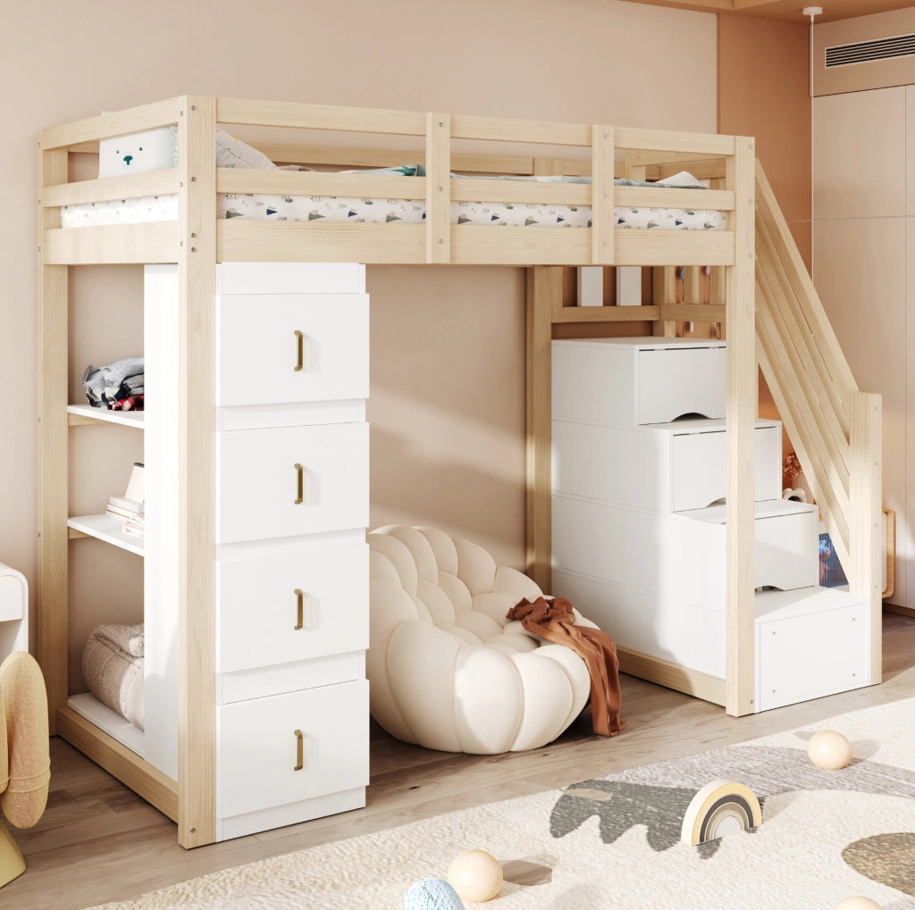 Letto a soppalco 90x200 cm in legno naturale con 4 cassetti; scaffale a 3 ripiani e scala laterale