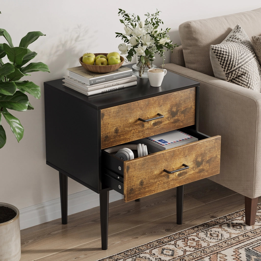 Comodino con 2 cassetti in MDF, stile retrò, per camera da letto e soggiorno, colore marrone antico, 51 × 38 × 66 cm