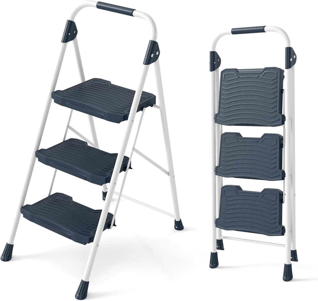 Scala a 3 Gradini, Scaletta Pieghevole in Acciaio con Corrimano Imbottito, Pedale Antiscivolo e Blocco di Sicurezza, per Cucina, Giardino e Ufficio, Portata 360 kg (Nero + Bianco)