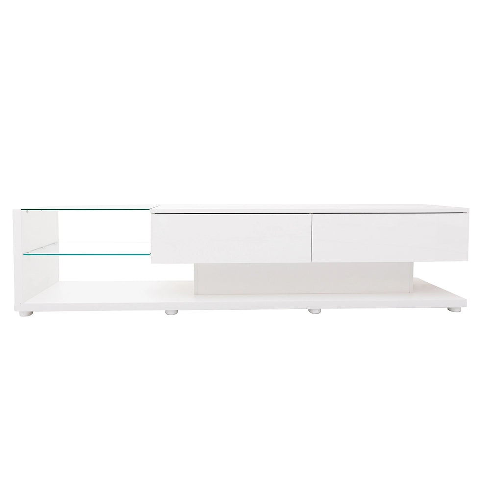 Mobile TV 170x36x38 cm; 2 cassetti e 2 ripiani in vetro; illuminazione LED; truciolare bianco