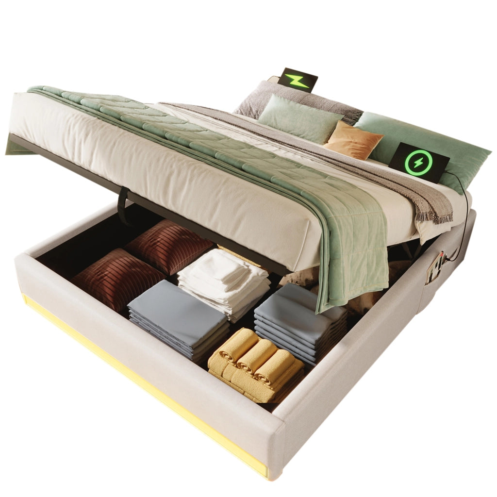 Letto Contenitore 140x200 cm con LED; USB; Type-C e Tasche Laterali in Lino Beige