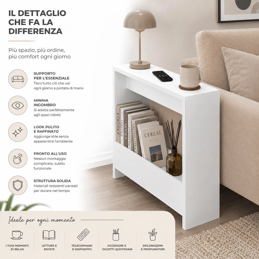 Tavolino Laterale Divano Bianco Tavolo Salvaspazio Multifunzione 55x20x60cm