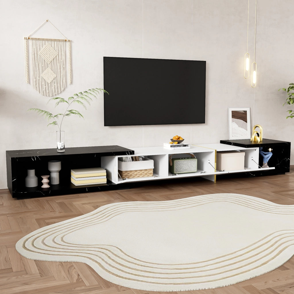 Mobile TV Allungabile Girevole 140–260 cm con Contenimento; Effetto Marmo Nero; Frontale Bianco Lucido; Dettagli Oro; MDF; 140×40×30 cm