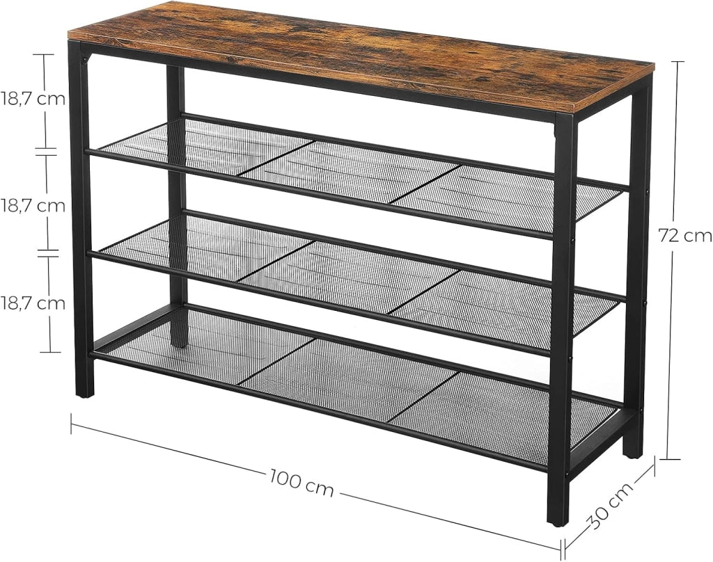 VASAGLE Scarpiera Organizzatore per Scarpe, 100 x 30 x 72 cm, per ingresso, soggiorno, camera da letto, struttura semplice, stile industriale, marrone rustico e nero LBS14BX