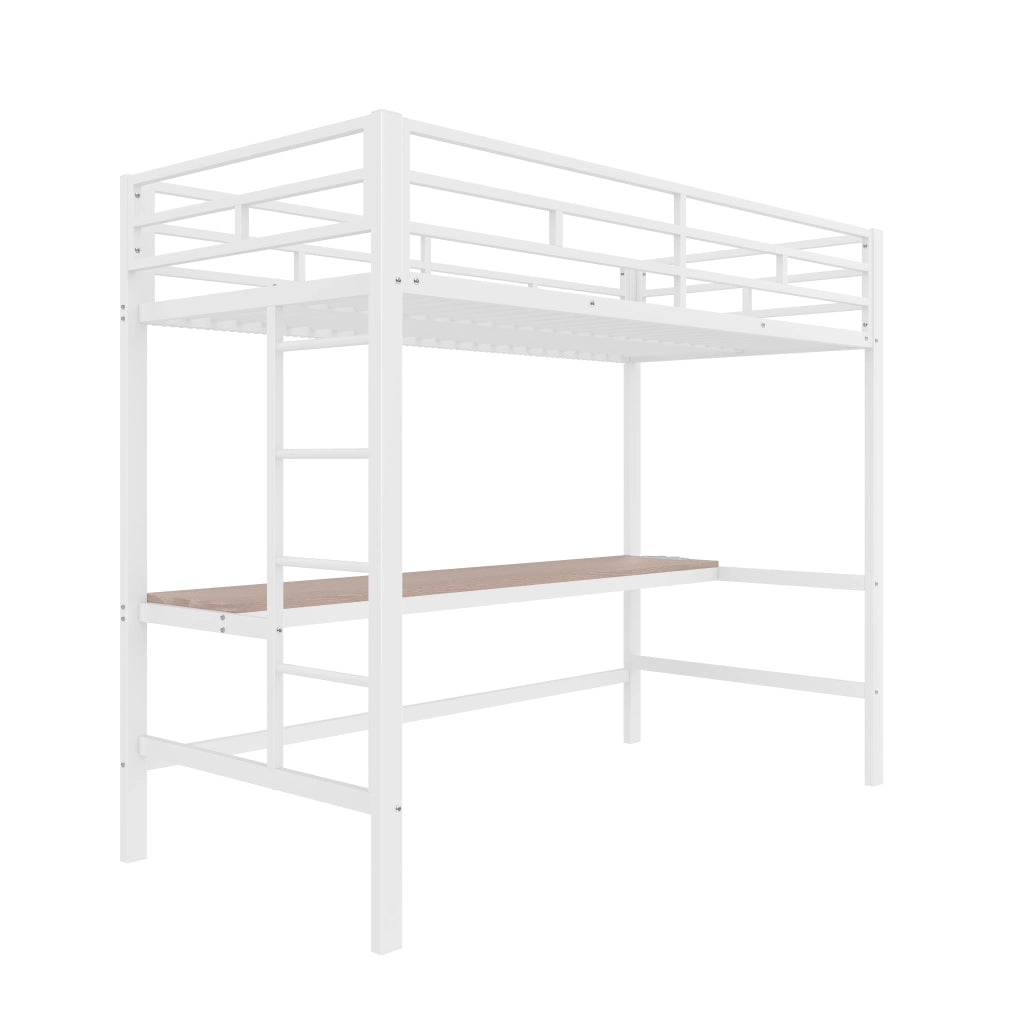 OKWISH Letto a Soppalco 90×200 cm, Letto Singolo con Scrivania, LED Regolabile e Porte USB Tipo C, senza Materasso, Metallo, Bianco