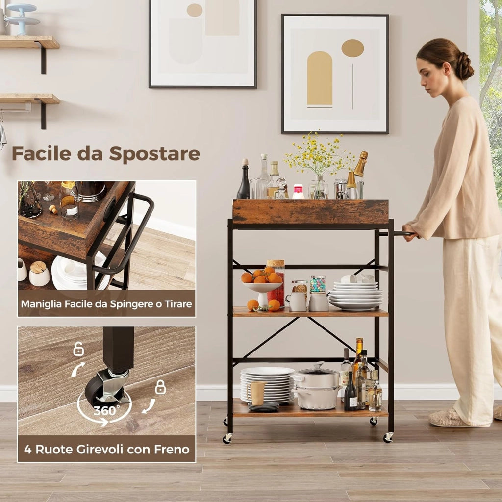 Carrello da Bar a 3 Ripiani, Carrello da Servizio Industriale con Vassoio Rimovibile, 4 Ruote Bloccabili e 1 Maniglia, Carrello da Cucina con Ruote, 73 x 40 x 94 cm
