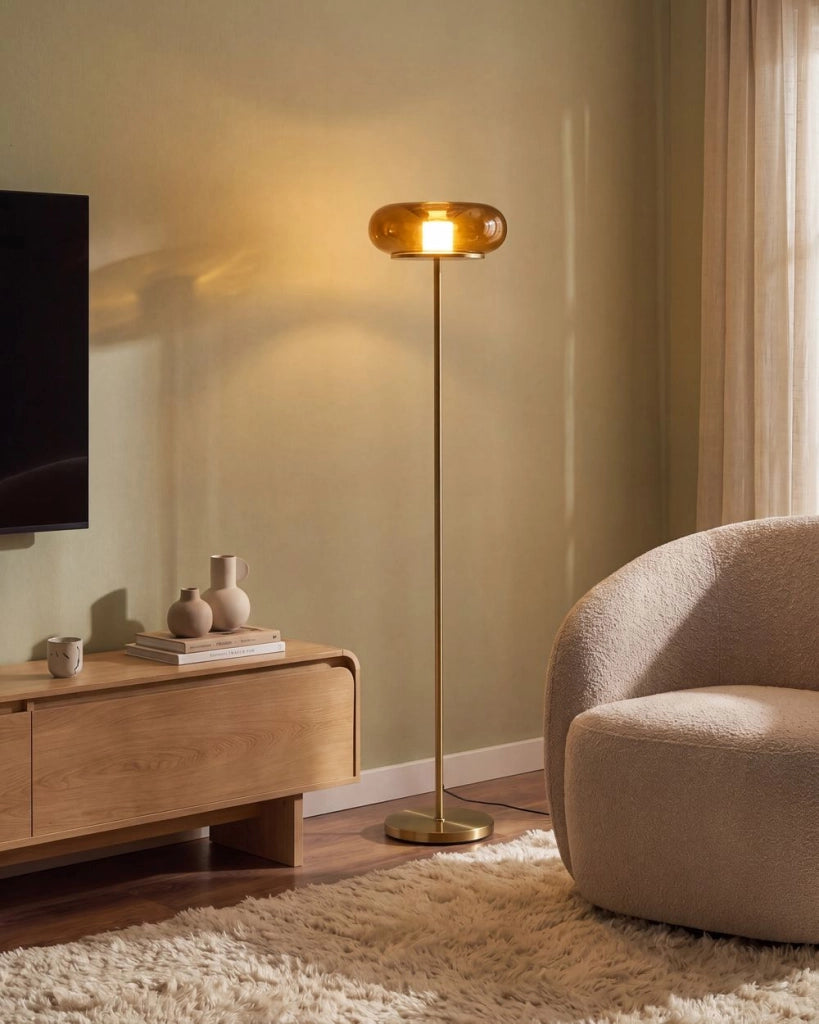 Lampada da terra a LED con paralume ovale in vetro marrone e base in metallo con dimmer, stile retrò