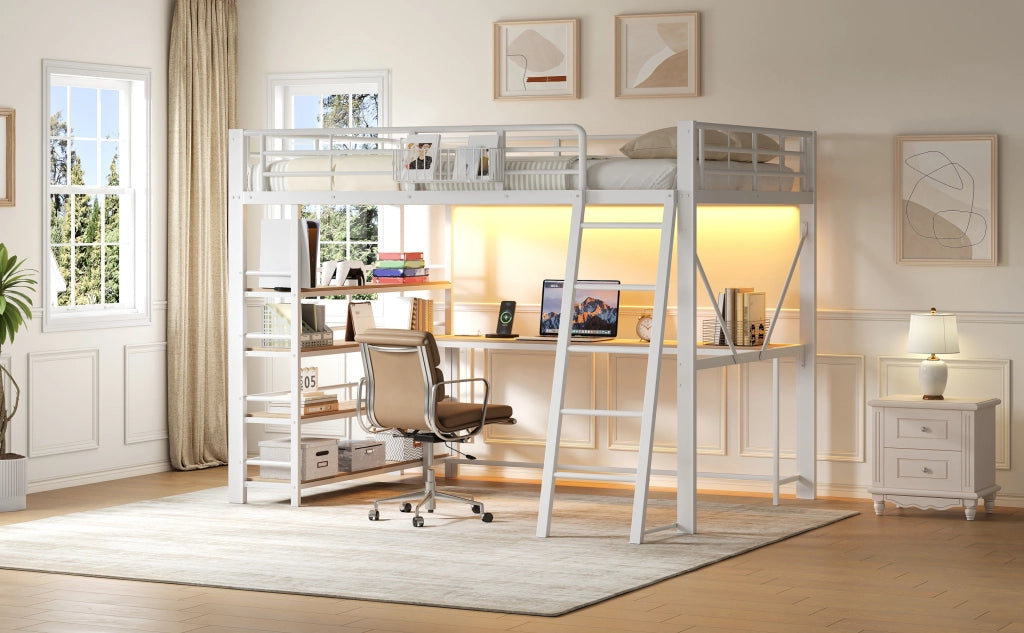 Letto a soppalco 140 × 200 cm con scrivania integrata, 4 ripiani, LED e USB, senza materasso, bianco