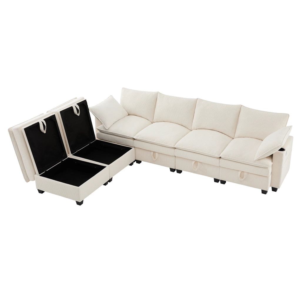 Sofa modulare a L/U in velluto a coste beige con 2 pouf, USB, contenitori e portabicchieri