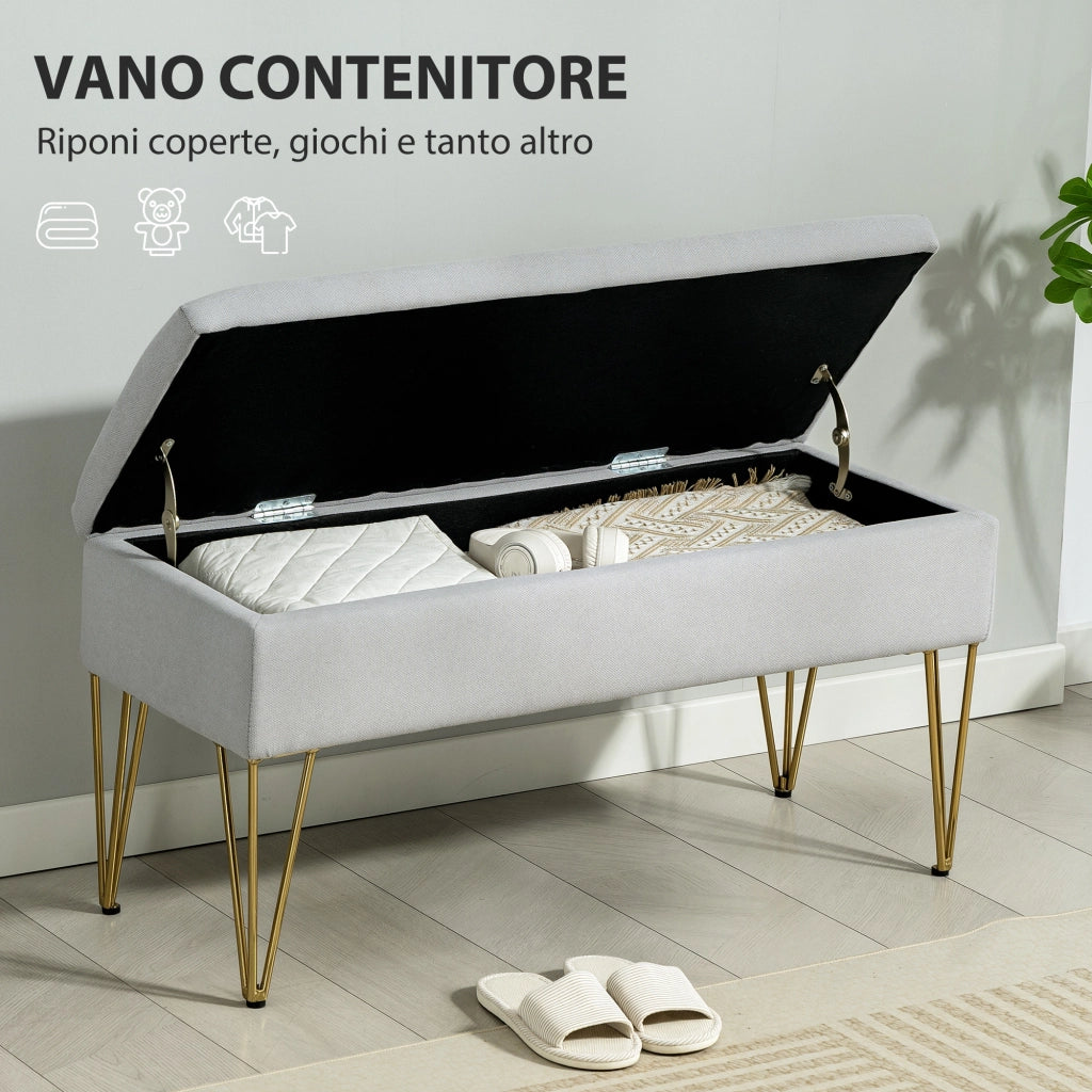 Panca Fondo Letto con Contenitore in Tessuto e Gambe in Acciaio, 100x40x49 cm, Grigio Chiaro