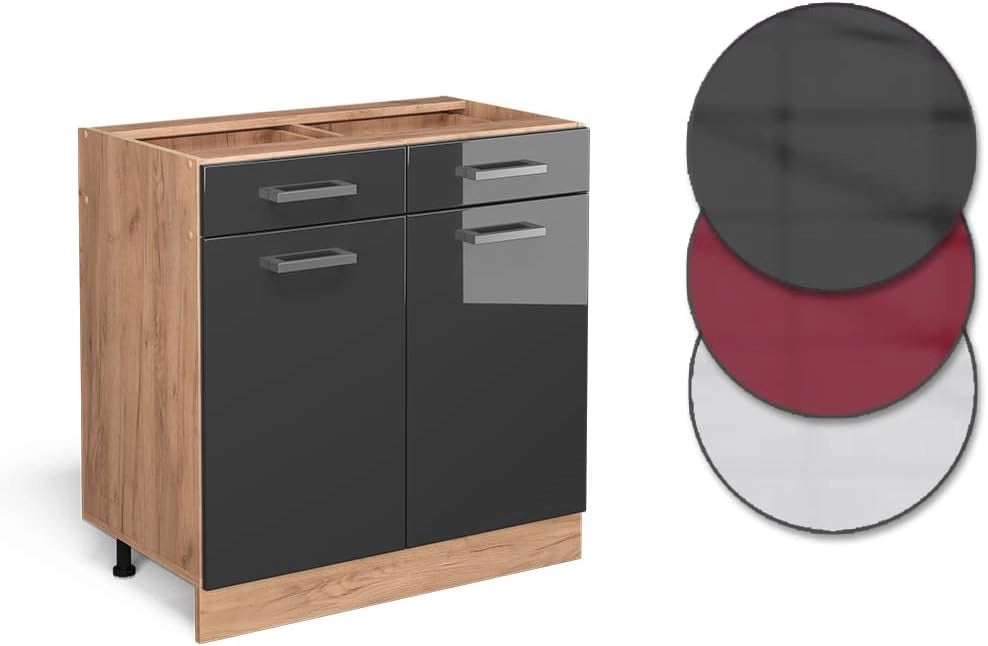 Mobiletto base per cucina R-Line, Antracite lucido, 80 cm senza piano di lavoro, per la libera combinazione all'interno di sistemi cucina modulari