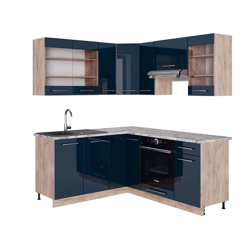 Cucina ad angolo Fame-Line Blu scuro lucido/Rovere dorato 190 x 60 cm, PL Marmo Vicco