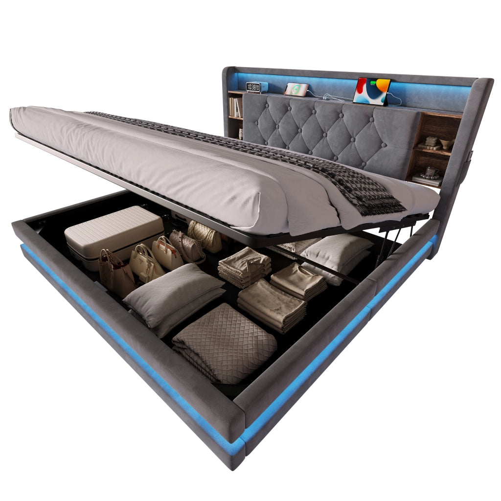 Letto contenitore imbottito 160x200 cm in velluto grigio scuro con testiera multifunzione, LED, USB e rete a doghe