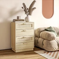 Cassettiera Design Bohémien in Rattan con 4 Cassetti, Mobile Guardaroba per Soggiorno, Corridoio, Ingresso, Legno Naturale