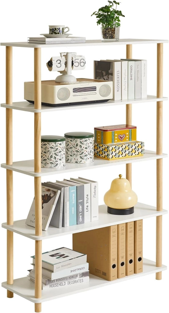 5-Tier libreria aperta in legno - moderno freestanding libreria organizzatore di stoccaggio, scaffali in piedi, espositore multifunzionale per camera da letto, soggiorno, bianco WBC005W