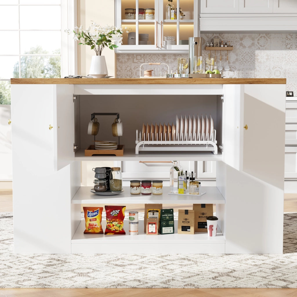 Isola da Cucina con 2 Ante; Cassetti; Ripiani Regolabili e Piano Pieghevole; in MDF e Metallo; Bianco