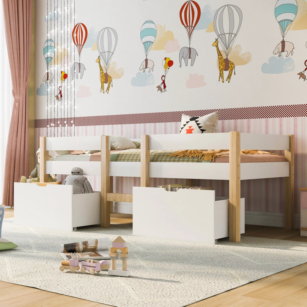 Letto rialzato per bambini con cassetti e spondina di sicurezza