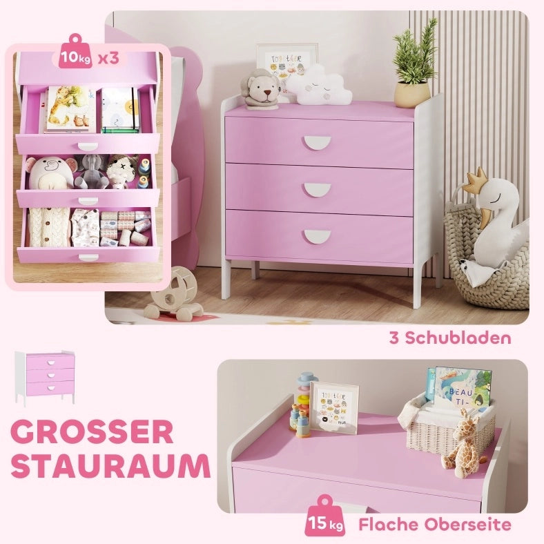 Cassettiera per bambini rosa e bianca con 3 cassetti