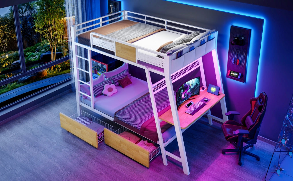 Letto a soppalco 90 × 200 cm con scrivania, prese USB e Type-C, LED e contenitori, senza materasso, metallo bianco