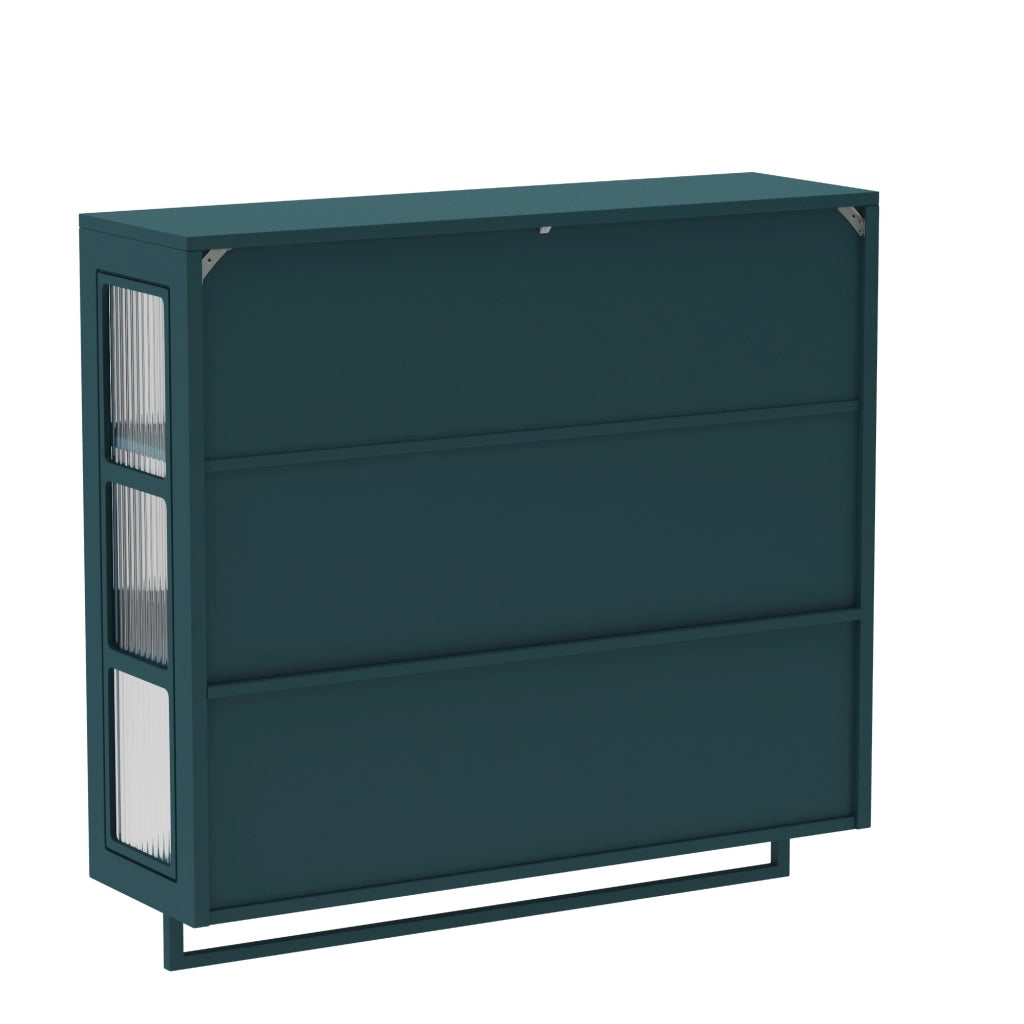 Pensile da bagno a 3 ante con ripiani aperti e chiusi in MDF e vetro temperato verde scuro 88 × 26 × 82,5 cm