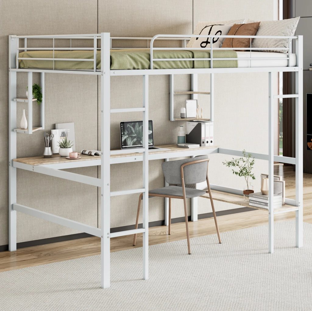 Letto a soppalco 140x200 cm con scrivania e libreria in metallo bianco