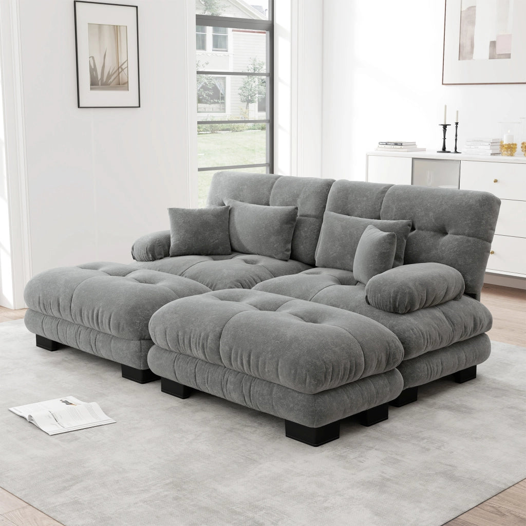 Divano modulare cloud con 2 pouf 2 cuscini lombari e 2 cuscini decorativi braccioli ampi in ciniglia grigio