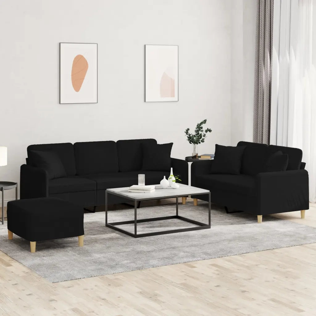 Set Divani 3 pz con Cuscini Nero in Tessuto