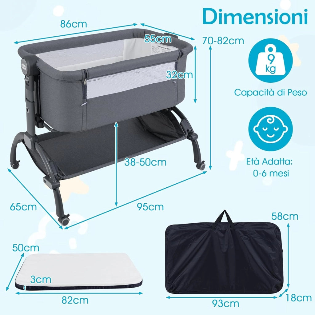 Culla Neonato, Culla Co-Sleeper Regolabile in Altezza a 7 Livelli, Ruote Bloccabili, Cesto Portaoggetti, Materasso e Baldacchino, Lettino Portatile e Pieghevole per Neonati 0-6 Mesi (Grigio)