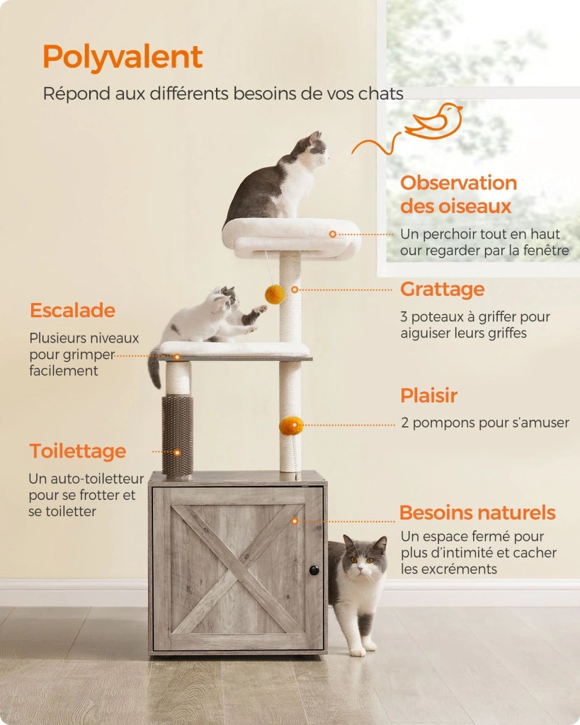 Tiragraffi con lettiera moderna torre gioco 2 in 1 cuccia per gatti da 134 cm con lettiera tiragraffi trespolo tappetino lavabile grigio 12_0003812