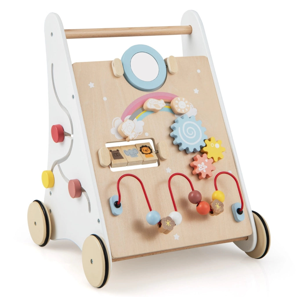 Carrello primi passi per bambini in legno 7 in 1, Primi passi per spingere e tirare con giochi educativi Bianco-Primi passi