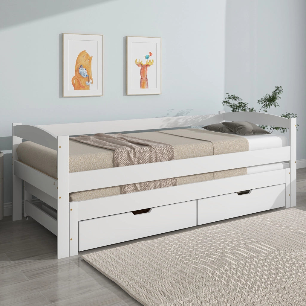 Letto estraibile con 2 cassetti in pino e MDF bianco 90x200 cm