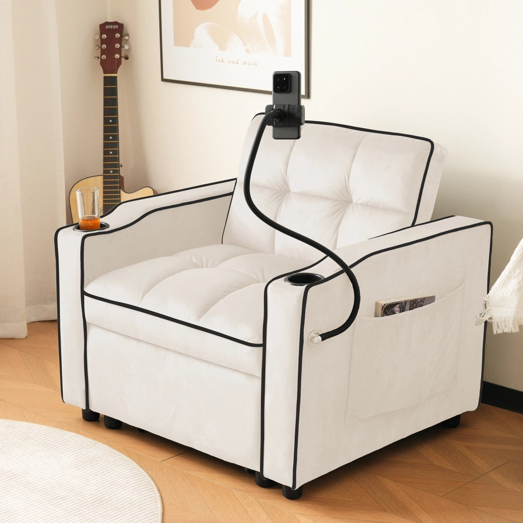 Poltrona Letto 1 Posto 3 In 1 con Schienale Reclinabile; Portabicchieri e Supporto Telefono in Velluto Beige