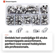 Set di Smeernippelli a 65 pezzi - Acciaio Verniciato - M6/M8 - 45°/90°/180° - Avvolgimento Robusto - Con Scatola di Stoccaggio - Set di Smeernippelli