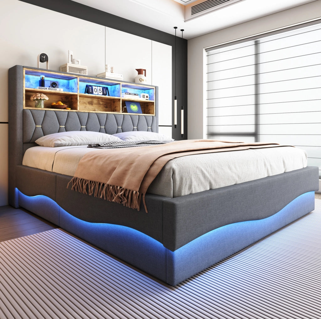 Letto imbottito 180x200 cm con LED, USB e vano contenitore