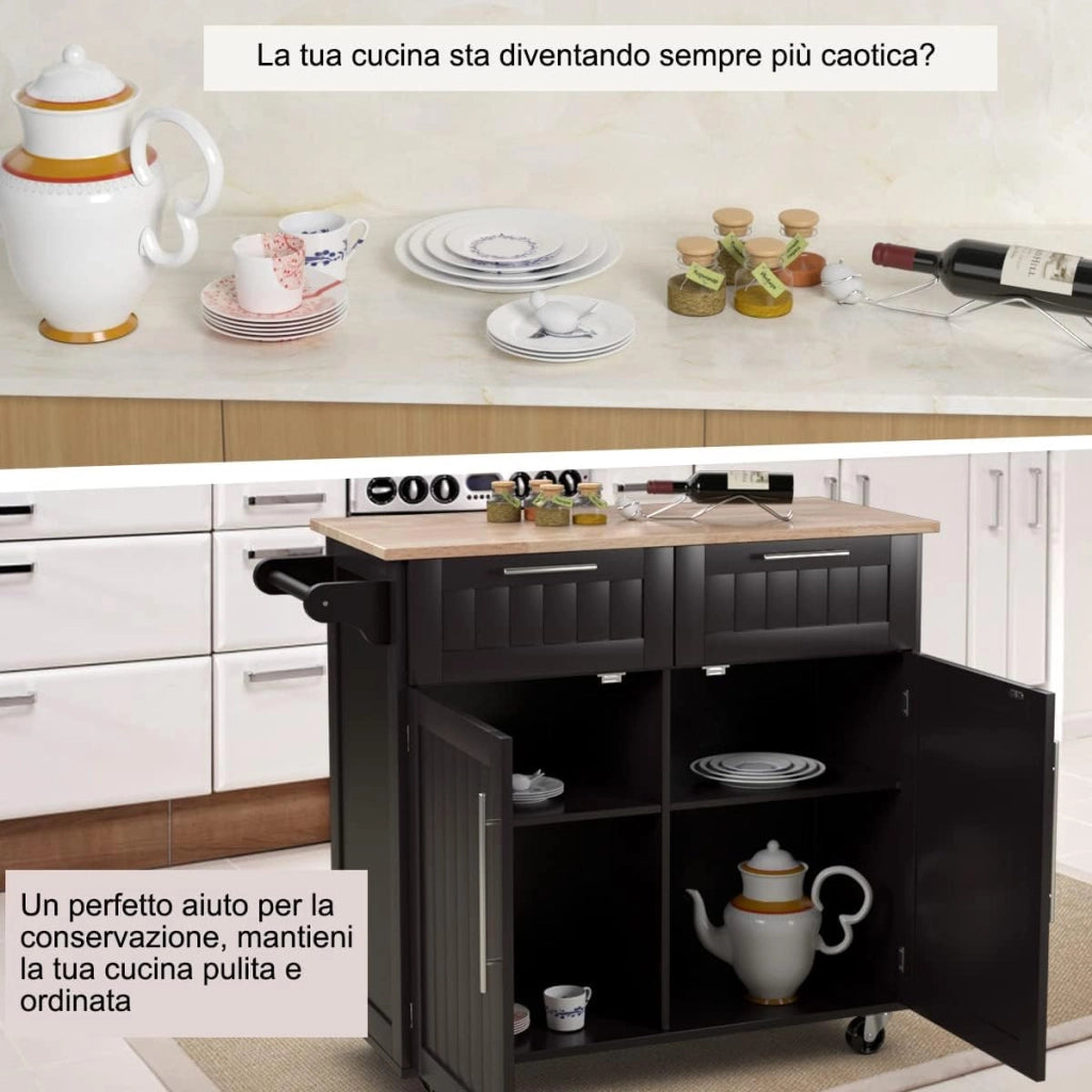 Carrello da Cucina, Isola da Cucina con Cassetti Portaoggetti e Armadietti, Ruote Universali e Portasciugamani, Ideale per Casa Ristorante Bar (Marrone)