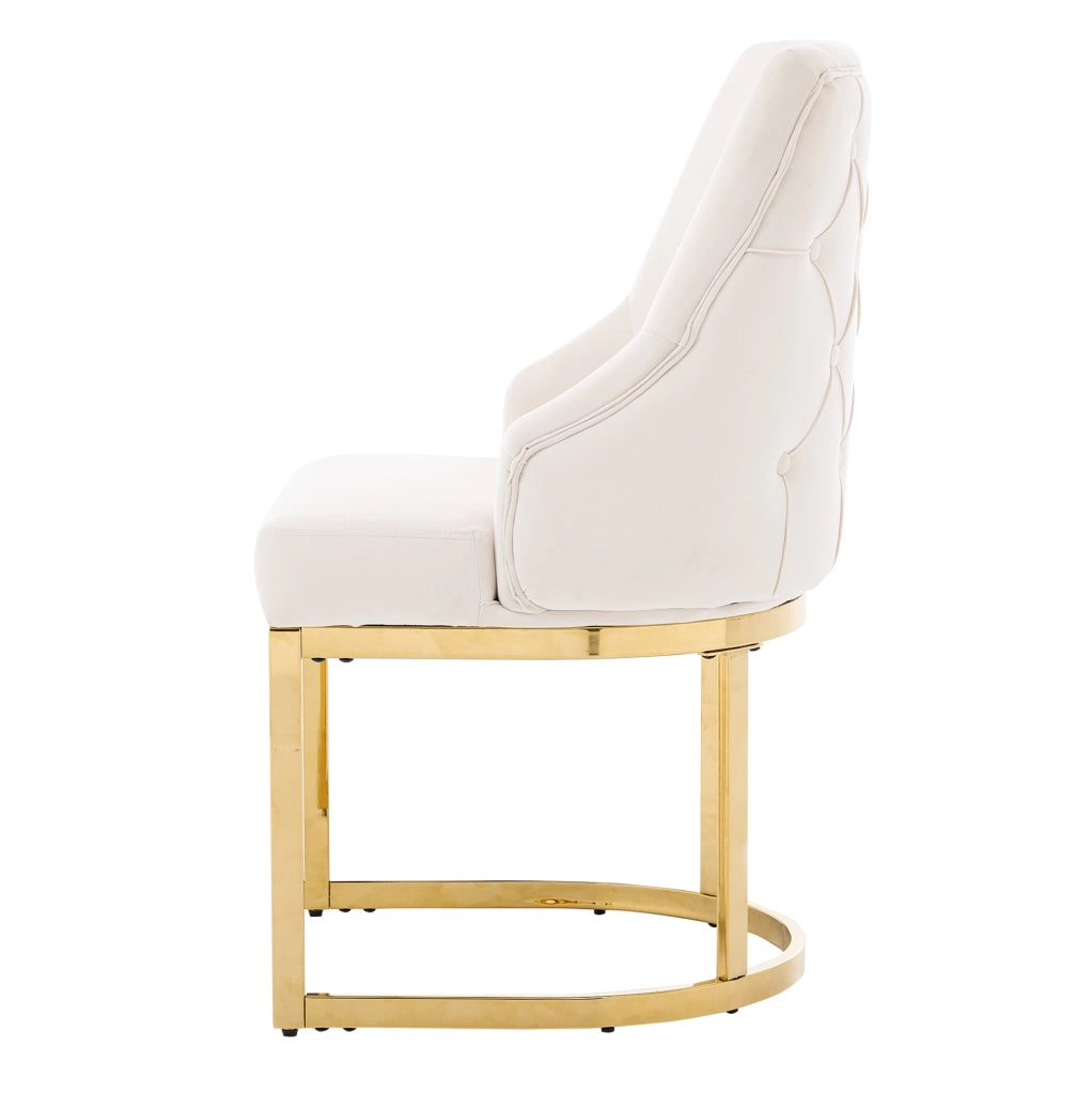 Set di 4 sedie da pranzo in velluto con schienale trapuntato e gambe in metallo beige e oro