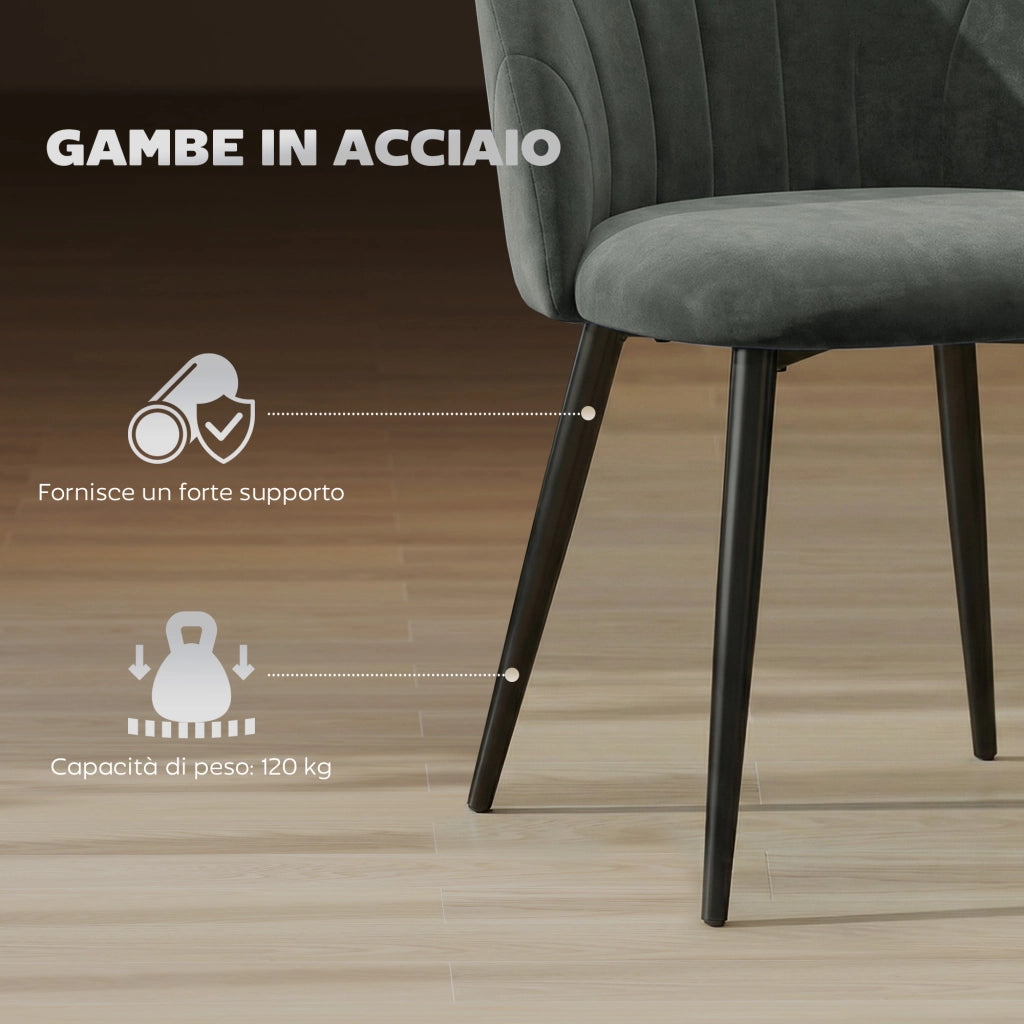 Set 2 Sedie da Pranzo Imbottite con Schienale a Conchiglia in Velluto, 52x55x79 cm, Grigio