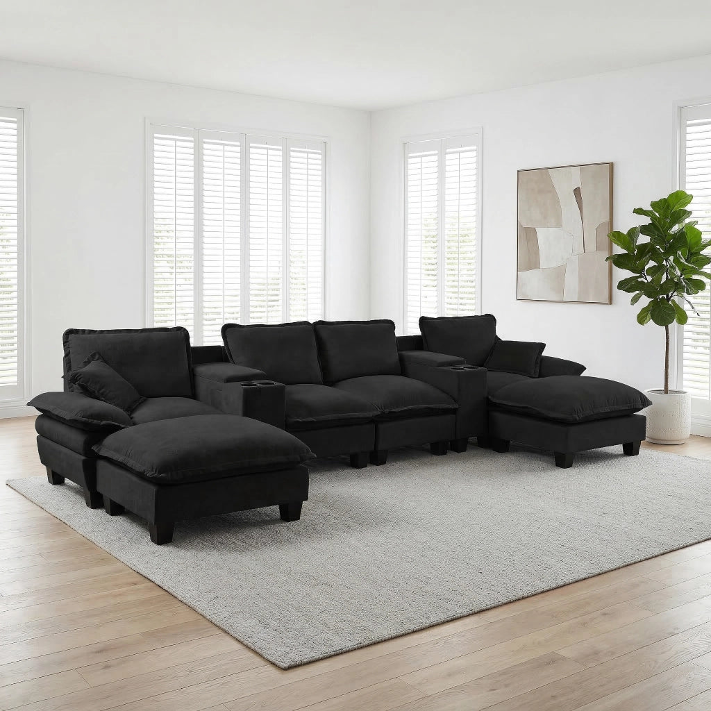 Divano panoramico a U modulare con contenitore USB portabicchieri e 2 poggiapiedi in ciniglia nero