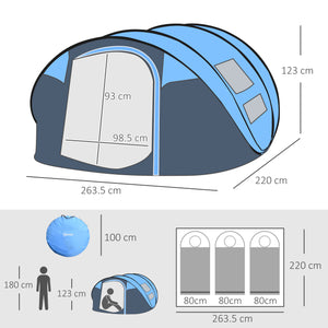 Tenda da Campeggio Pop Up 2 Posti 263,5x220x123 cm con 2 Porte 4 Finestre e Telo Impermeabile Blu